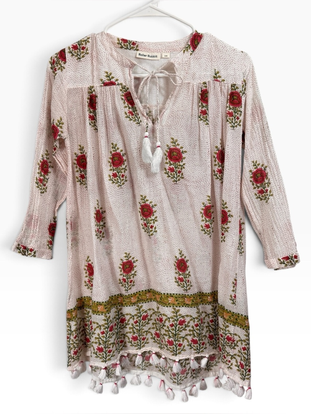 Roller Rabbit Size XXS Serafina Tunic Pink Floral Boho Tassel Cotton Coastal